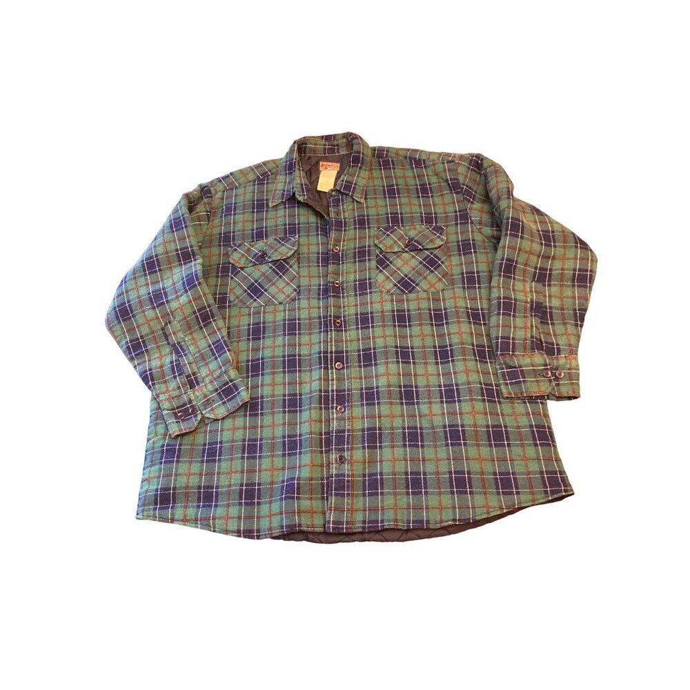 Sports Afield Green Blue Plaid Quilted Flannel Shirt Jacket Shacket Vintage 1990